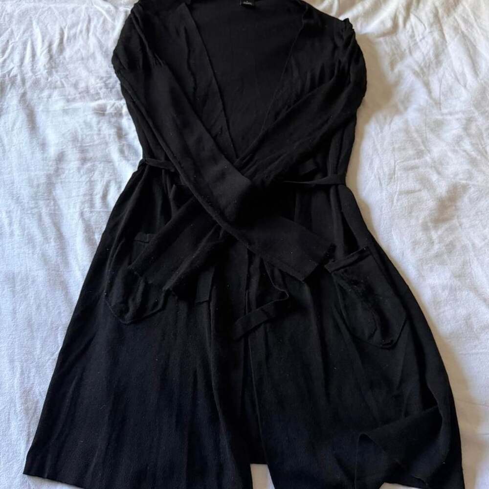 BCBGMAXAZRIA Black Silk Long Cardigan Size S Belted Asymmetric Duster